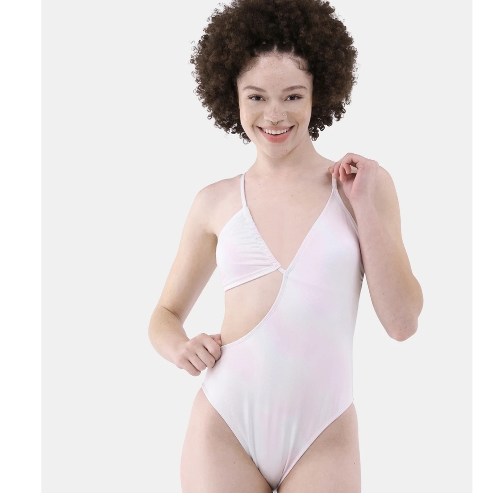 Vivid White Iridescent ASYMMETRICAL One-Piece Swimsuit, Size L.